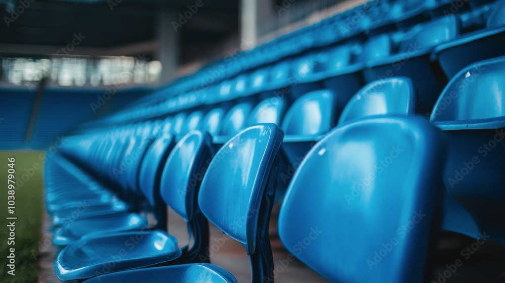 Fototapeta premium Blue stadium seats arranged in rows at a sports venue ready for upcoming event