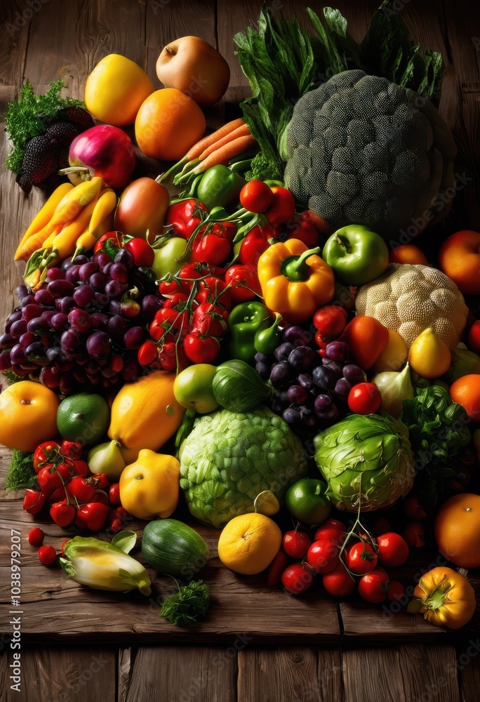 vibrant fresh produce arrangement showcasing colorful vegetables fruits textured wooden background culinary inspiration, display, market, farm, natural vibrant fresh produce arrangement showcasing colorful vegetables fruits textured wooden background culinary inspiration, display, market, farm, natural