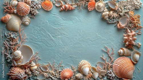 Decorative arrangement of seashells and coral on a textured background showcasing ocean life photo