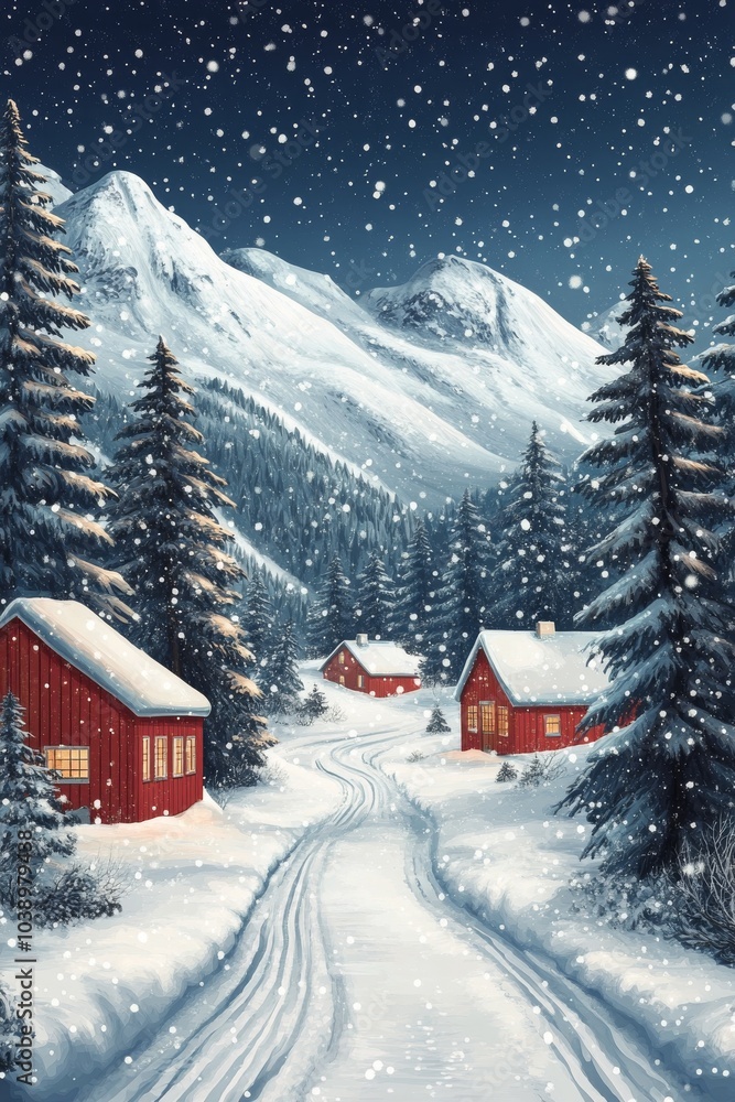 Naklejka premium Snowy winter landscape featuring cozy cabins among tall pine trees under a starry sky