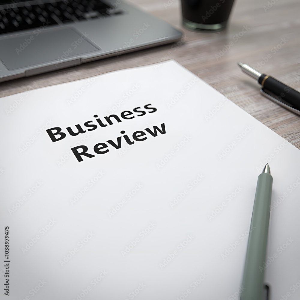 3D rendered scene of a business review document on a desk with laptop and pen for performance evaluation 3D rendered scene of a business review document on a desk with laptop and pen for performance evaluation
