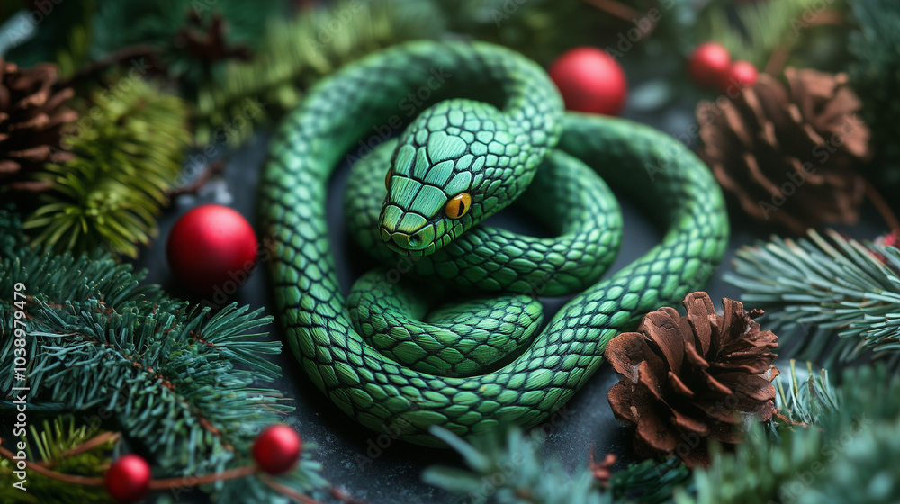 New Year card with the symbol of the year 2025 green wooden snake New Year card with the symbol of the year 2025 green wooden snake