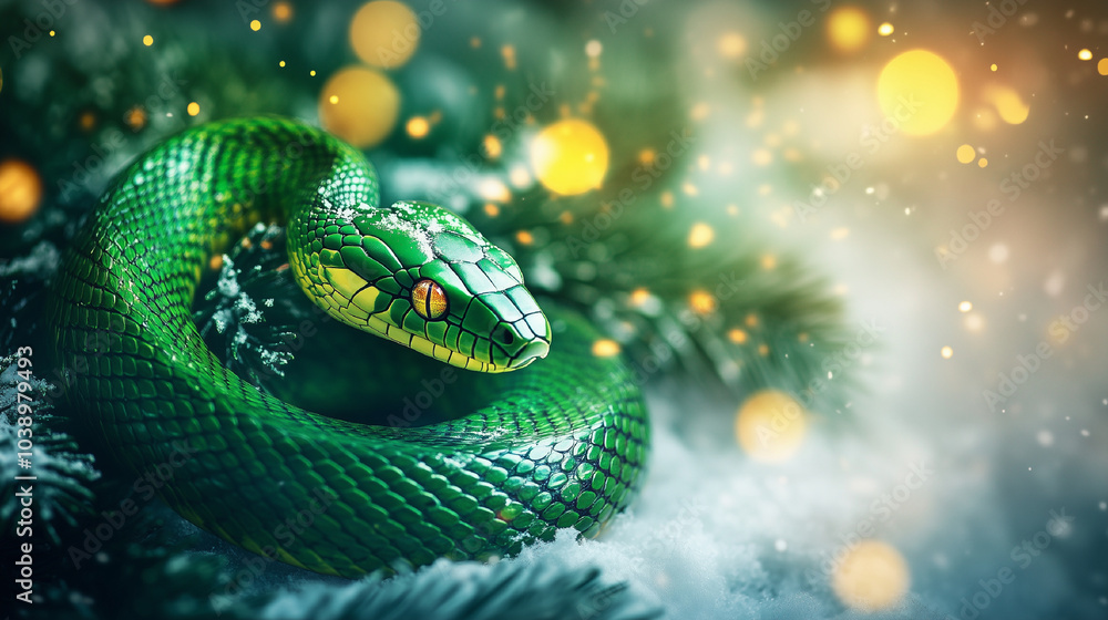 Fototapeta premium New Year card with the symbol of the year 2025 green wooden snake