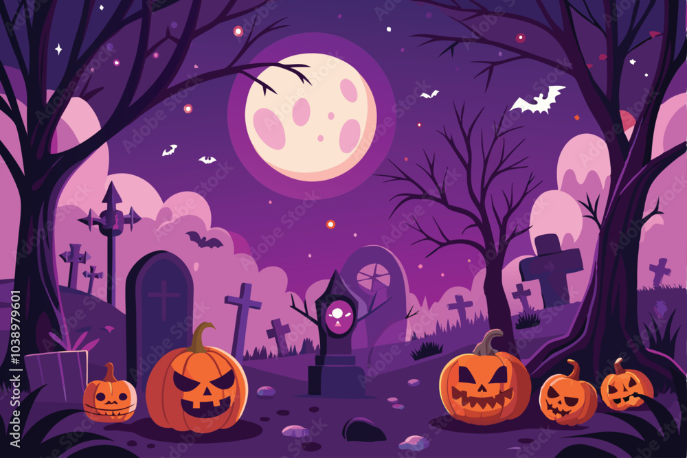 Spooky Halloween Graveyard with Pumpkins and Full Moon