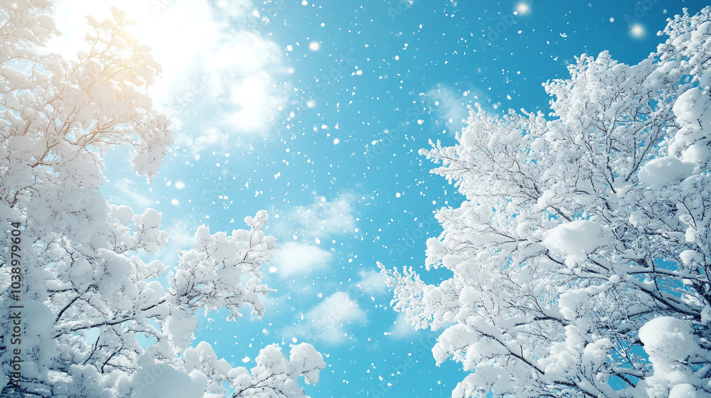 Winter Christmas natural snow background. Soft snowflakes falling against a blurred background of a snow-covered trees Winter Christmas natural snow background. Soft snowflakes falling against a blurred background of a snow-covered trees