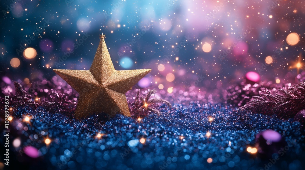 Golden christmas star shining over blue and pink glitter background Golden christmas star shining over blue and pink glitter background