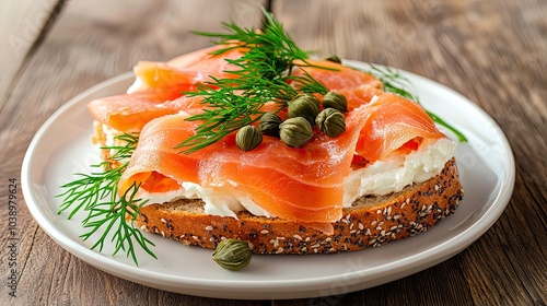 A delicious open-faced sandwich topped with smoked salmon, cream cheese, capers, and fresh dill on a toasted bread slice.