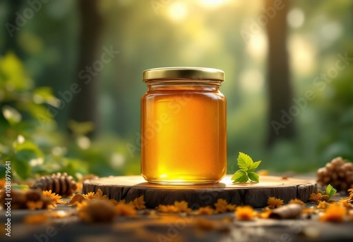 Sweet honey in a glass jar, macro detail on a glass of honey. Sweet food