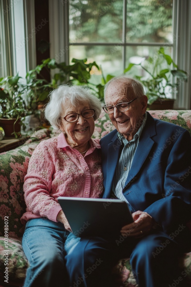 Happy senior couple enjoying time together while using a laptop at home in a cozy living room Happy senior couple enjoying time together while using a laptop at home in a cozy living room