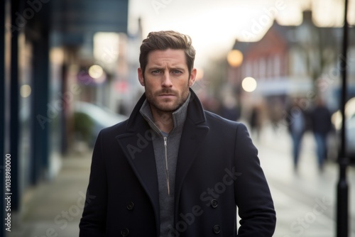 Portrait of a handsome man in a coat in an urban environment