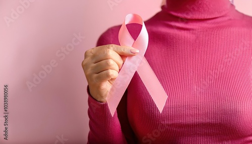 Unity and Strength Women Holding Pink Ribbon Close-Up for Breast Cancer Awareness