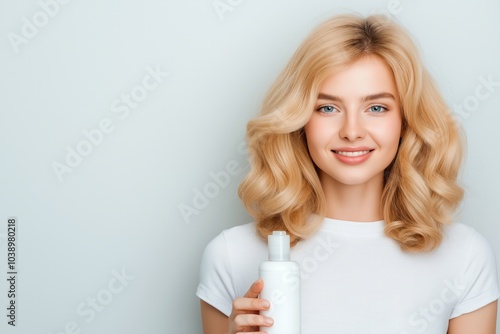 Young blonde woman poses with hair spray bottle in modern minimalist setting against light grey background