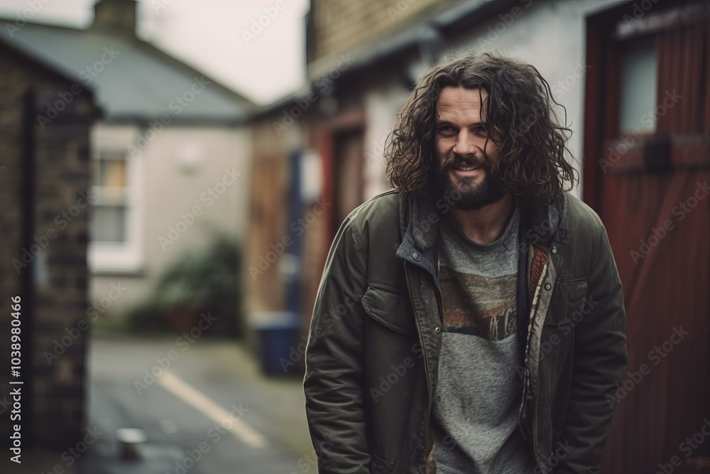 Portrait of a handsome man with long curly hair and beard in a urban setting Portrait of a handsome man with long curly hair and beard in a urban setting