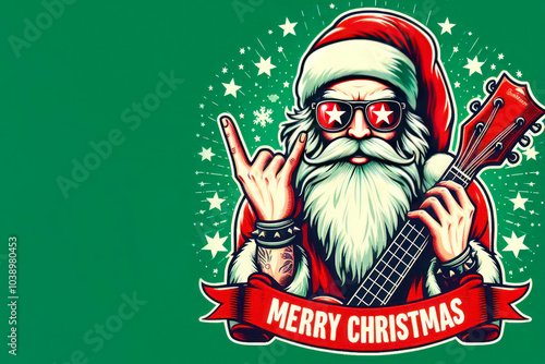 Rock'n'roll Santa with a guitar in sunglasses. Space for text. photo