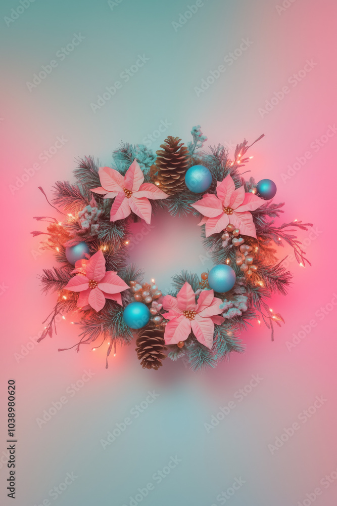 Isolated Christmas Wreath with Pastel Blue Poinsettias, Golden Pine Cones, baubles and Pink orange Lights, Pastel Colors on a Soft Blue and pink Background Isolated Christmas Wreath with Pastel Blue Poinsettias, Golden Pine Cones, baubles and Pink orange Lights, Pastel Colors on a Soft Blue and pink Background