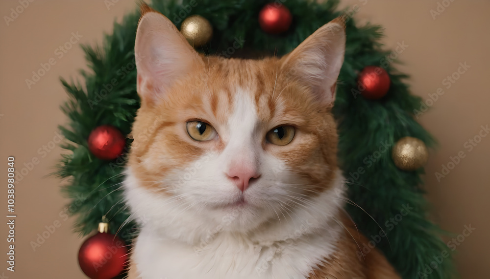 Obraz premium orange tabby cat in front of a christmas wreath