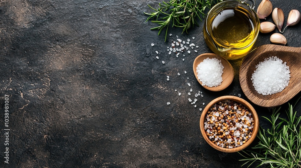 A rustic arrangement of salt, olive oil, garlic, and herbs on a dark stone surface, perfect for culinary inspiration. A rustic arrangement of salt, olive oil, garlic, and herbs on a dark stone surface, perfect for culinary inspiration.