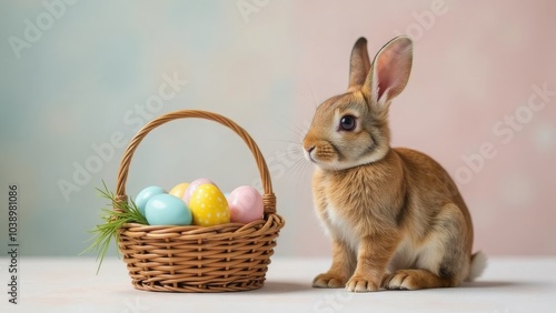 Adorable bunny with easter egg basket on pastel background photo