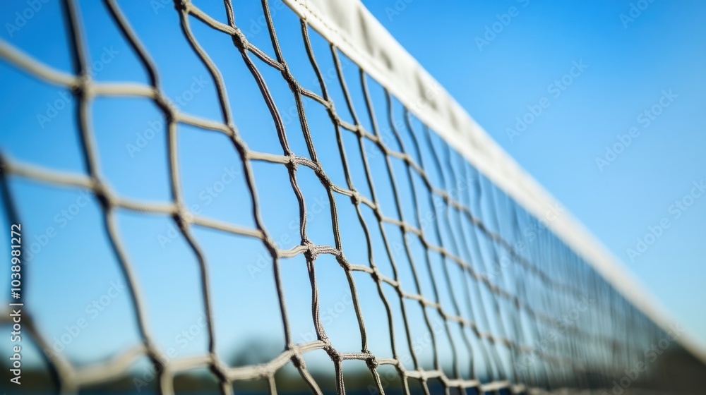 A tennis court's net with focus on the mesh texture, outdoor setting under clear blue sky, Classic style A tennis court's net with focus on the mesh texture, outdoor setting under clear blue sky, Classic style