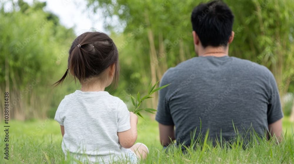 A young girl and her father sitting underneath a bamboo plant, enjoying the tranquility and safety of the bamboo. A young girl and her father sitting underneath a bamboo plant, enjoying the tranquility and safety of the bamboo.