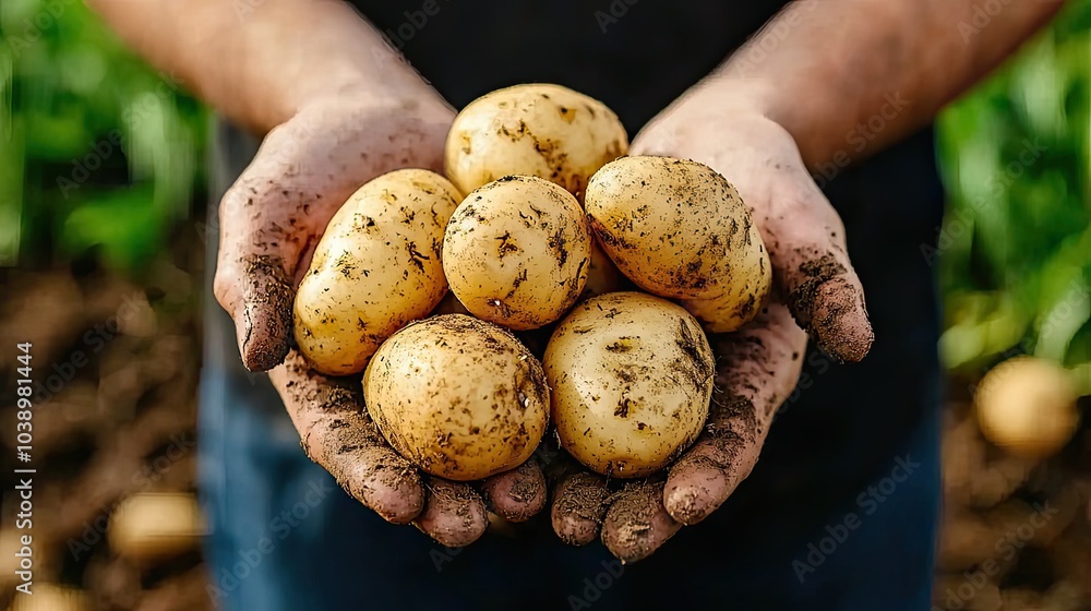 A person holding freshly harvested potatoes with dirt on their hands, showcasing a bountiful harvest against a natural background. A person holding freshly harvested potatoes with dirt on their hands, showcasing a bountiful harvest against a natural background.