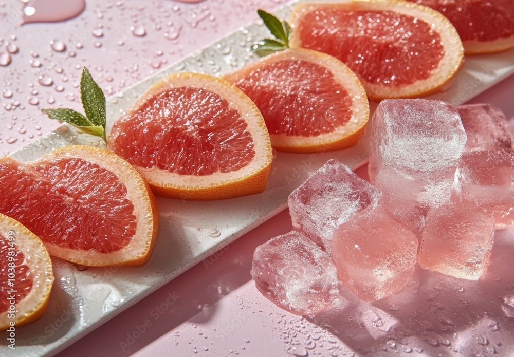 Slices of grapefruit arranged with ice cubes on a pink background for a refreshing drink idea Slices of grapefruit arranged with ice cubes on a pink background for a refreshing drink idea