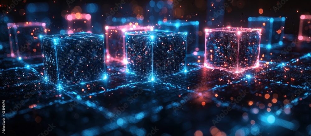 Fototapeta premium Glowing Cubes in a Digital Network Landscape