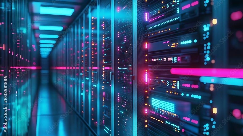A shot of a functioning data center, showcasing rows of rack servers with blinking LED lights and active computers A shot of a functioning data center, showcasing rows of rack servers with blinking LED lights and active computers
