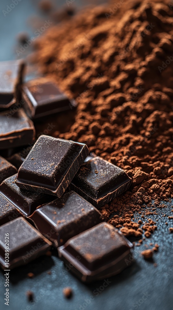 Dark chocolate and cocoa powder on a fuzzy concrete background Dark chocolate and cocoa powder on a fuzzy concrete background