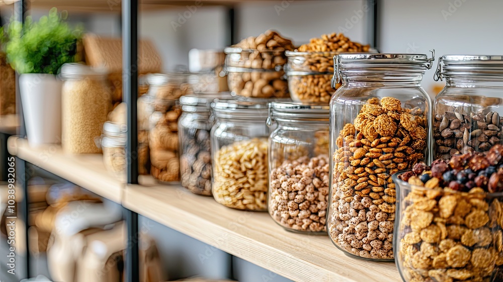 A neatly organized shelf displays various jars filled with grains, nuts, and seeds, showcasing a healthy, rustic aesthetic. A neatly organized shelf displays various jars filled with grains, nuts, and seeds, showcasing a healthy, rustic aesthetic.