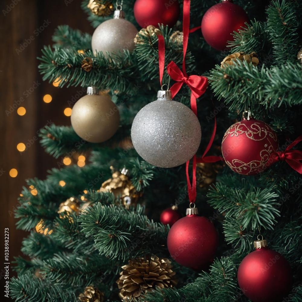Fototapeta premium New year’s toys fill the tree with colorful spirit