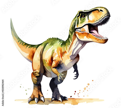 Hand drawn watercolor painting of a t-rex dinosaur isolated on white background. Vector design for banner, poster, books, card, greeting, t-shirt and over