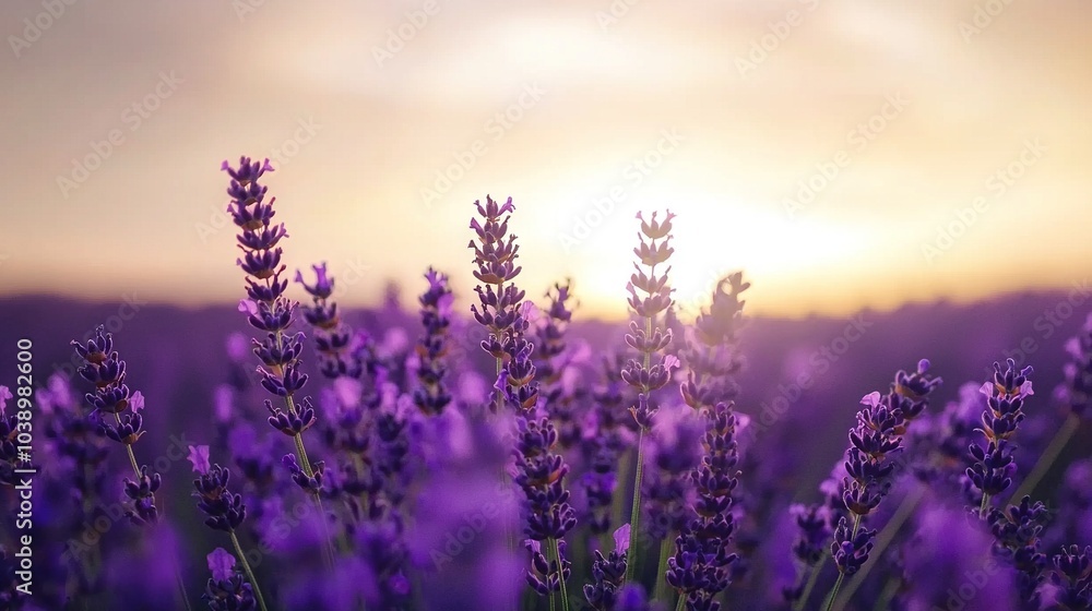 A field of lavender with the distant sunset A field of lavender with the distant sunset