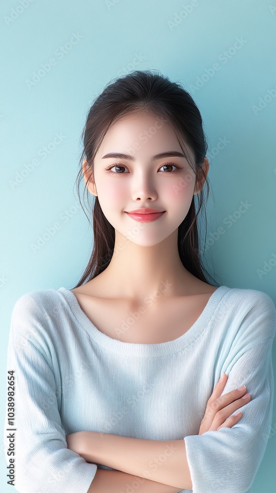 an Asian woman in her mid-20s, standing with her arms crossed, looking at the camera with a slight smile. The background is a solid pastel color an Asian woman in her mid-20s, standing with her arms crossed, looking at the camera with a slight smile. The background is a solid pastel color