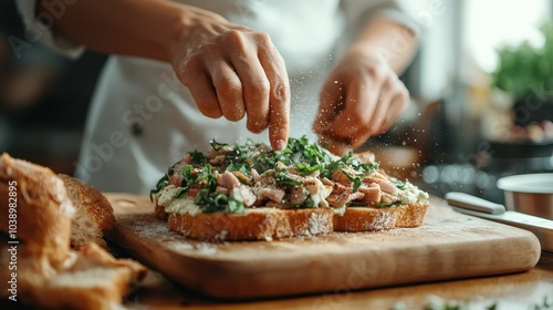 A culinary artist sprinkles fresh herbs on an open-faced sandwich, highlighting the harmonious blend of flavors and textures in this gourmet culinary creation. photo