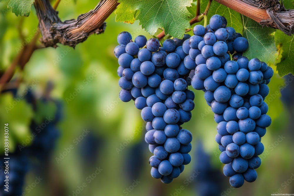 Fototapeta premium Ripe blue grapes hanging from vineyard vines in the late afternoon sun