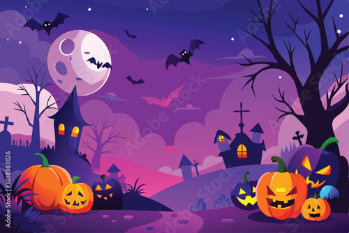 Spooky Halloween Night with Pumpkins and Bats