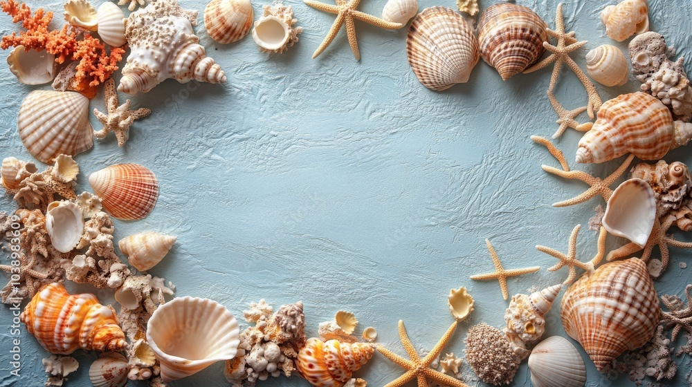 Fototapeta premium Decorative arrangement of seashells and coral on a textured background showcasing ocean life