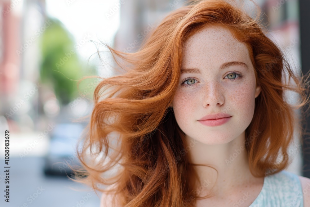 A young woman with red hair and freckles enjoys a summer breeze outdoors in a flowing light dress A young woman with red hair and freckles enjoys a summer breeze outdoors in a flowing light dress