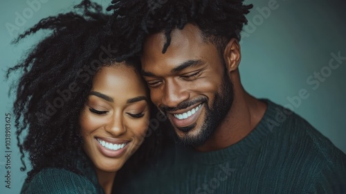 A casually dressed couple shares a serene moment, eyes closed in peaceful contentment, exuding warmth and togetherness, captured amid a soft, muted backdrop.