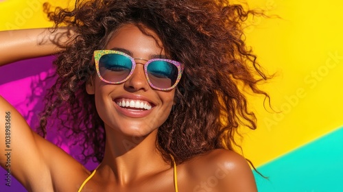 A woman with curly hair and stylish sunglasses smiles brightly against a vivid, colorful artistic background, embodying joy, celebration, and modern beauty.