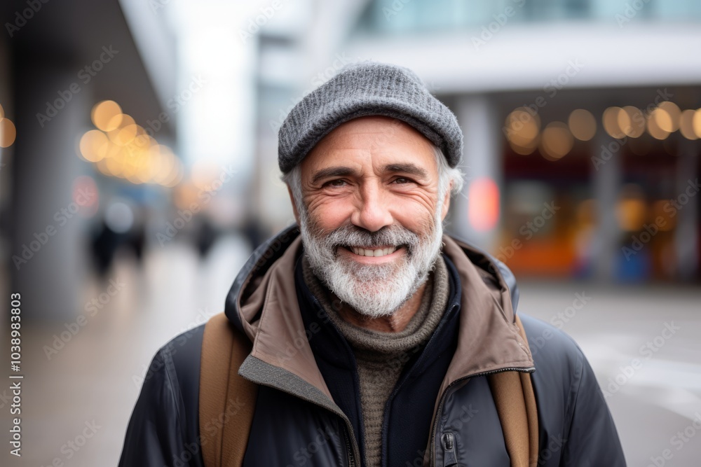 Portrait of a senior man with a gray beard and a gray hat in the city. Portrait of a senior man with a gray beard and a gray hat in the city.