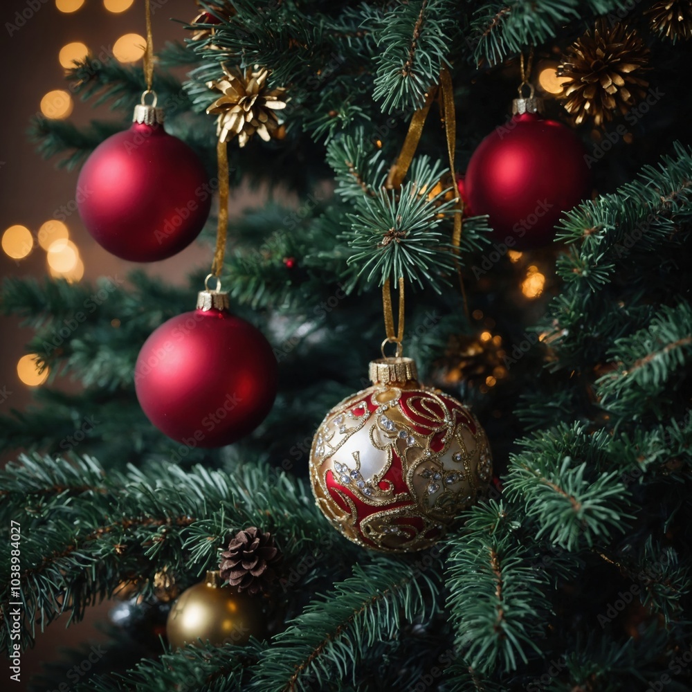 Fototapeta premium Shiny ornaments adorn the Christmas tree