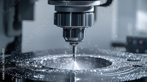 A close-up of a precision milling machine, showcasing a spinning cutter and coolant spray over a metal workpiece.