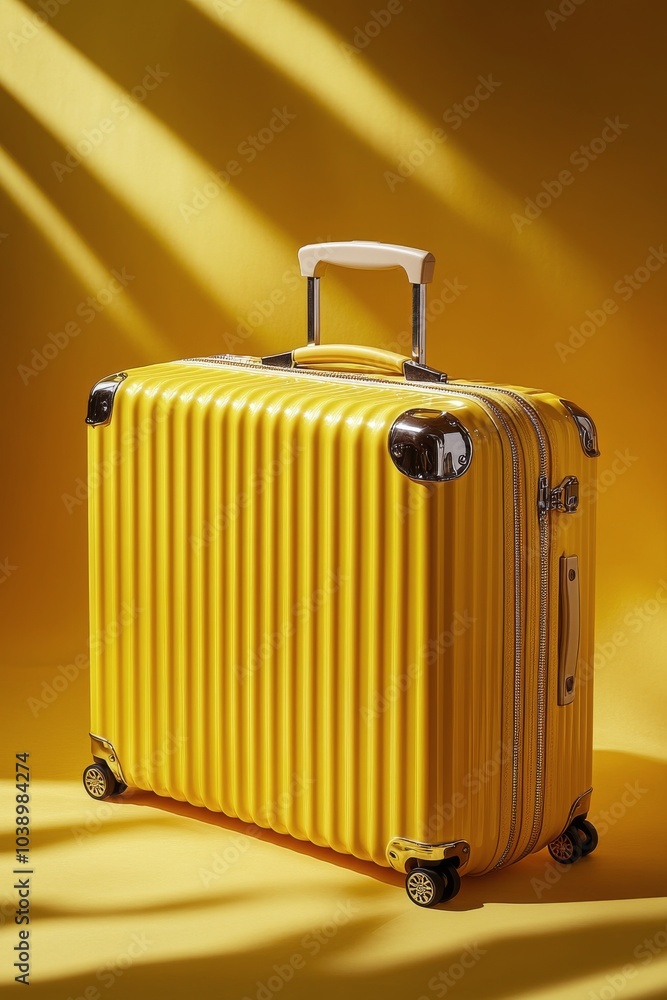 Fototapeta premium Bright yellow suitcase on a yellow fabric background creating a vibrant aesthetic atmosphere