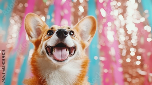 A cheerful corgi dog with a wide smile stands against a vibrant backdrop of pink and blue streamers, showcasing joy and playfulness in its expression. photo