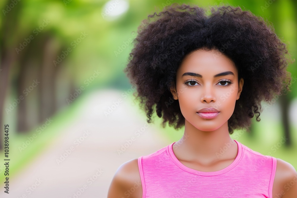 Dark-skinned woman jogging on a quiet park path surrounded by trees in a bright sports top Dark-skinned woman jogging on a quiet park path surrounded by trees in a bright sports top
