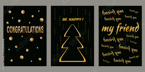 Set of greeting cards with wishes in gold color in black background. Vector illustration. Luxury elegant style.