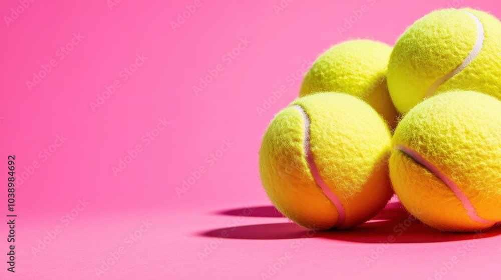 A group of four tennis balls positioned closely together on a bright pink surface, creating a lively composition full of energy and a feeling of togetherness.