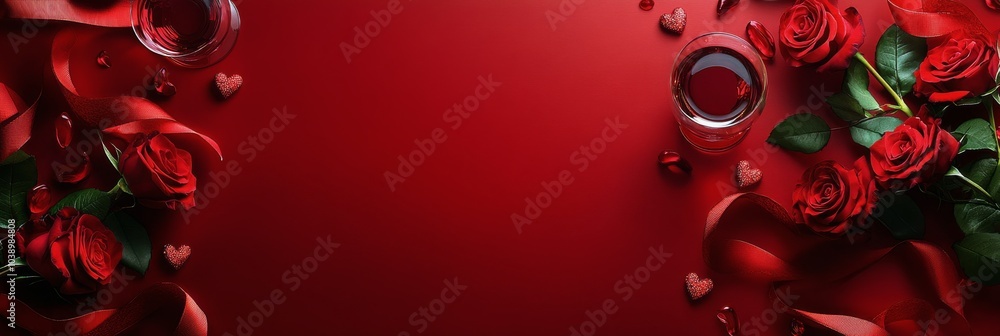 Romantic arrangement of red roses and glasses on a deep red background for a special occasion Romantic arrangement of red roses and glasses on a deep red background for a special occasion